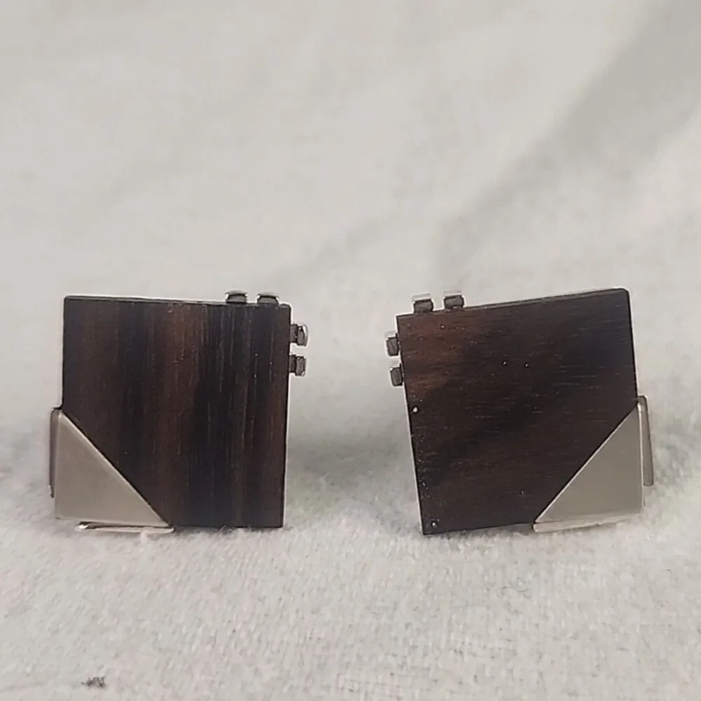Cufflinks Swank Silver Tone With (Unknown) Wood Inserts And Accents Vintage